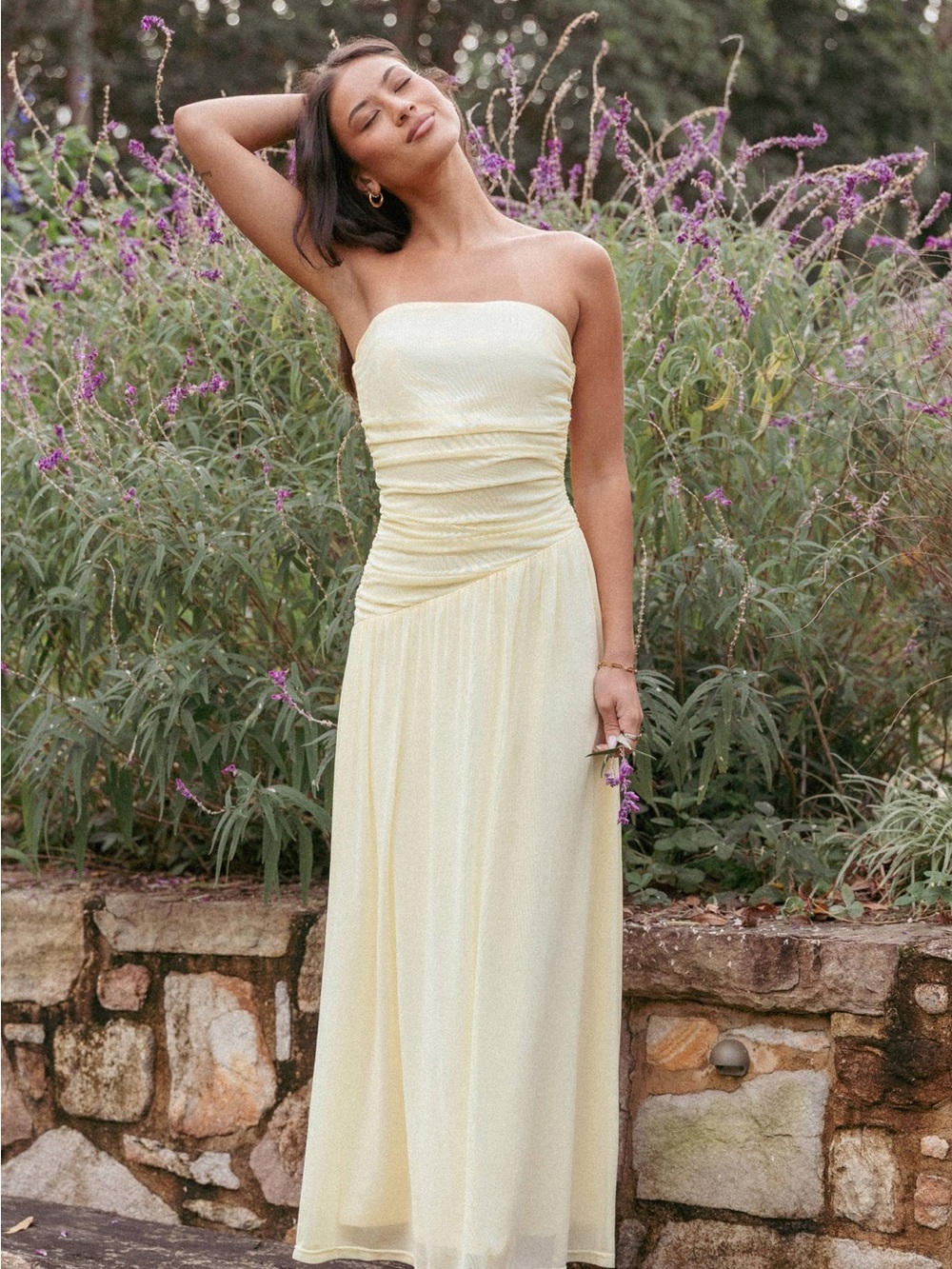 Petal & Pup Strapless Pale Yellow Ruched Maxi Dress